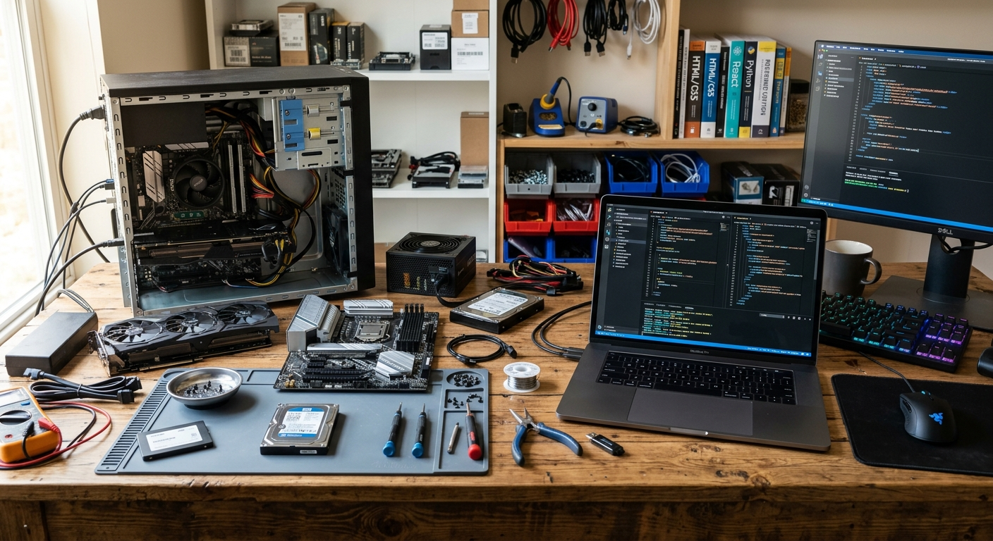 Bancada com peças de computador e um notebook com o Visual Studio Code aberto.