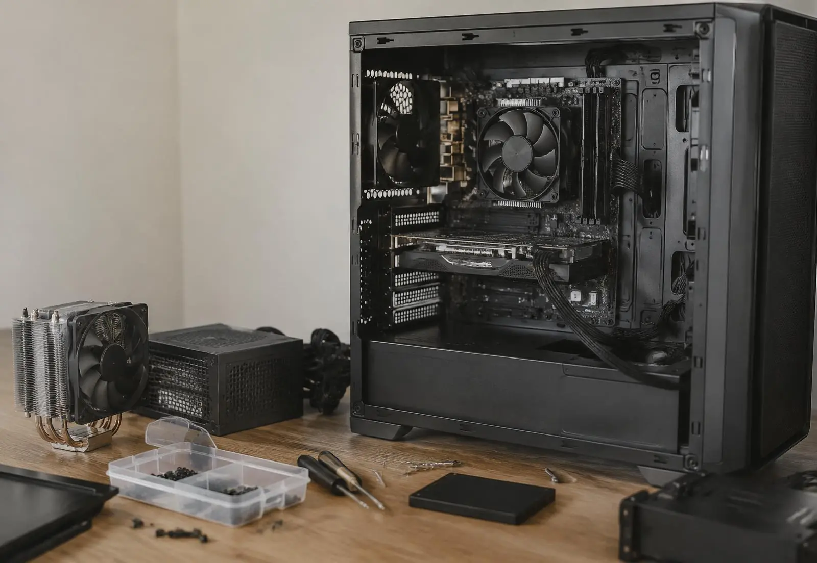 Close de placa-mãe com capacitores e trilhas